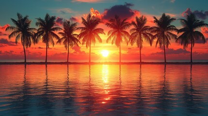 Obraz premium Vibrant sunset over calm ocean with silhouetted palm trees.