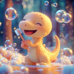 Cute dinosaur brushing teeth in a magical forest