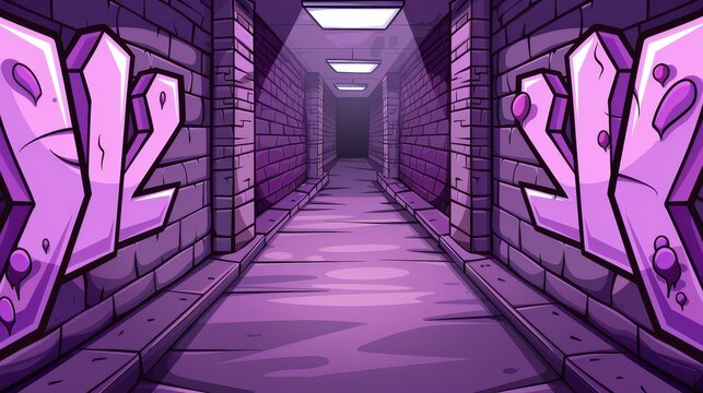 A vibrant dark alleyway adorned with colorful graffiti art, illuminated by the glow of neon lights.