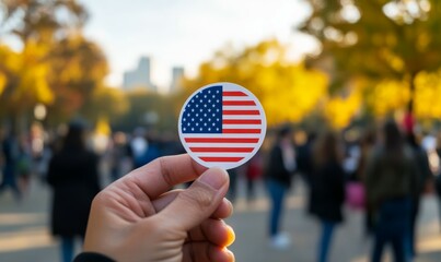 person is proudly holding sticker featuring design that combines elements of American flag, symbolizing civic engagement and participation in electoral process