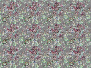 Iridescent floral pattern on grey textured background, seamless decorative design for fashion, fabric prints and digital art.