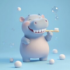 Cute hippo brushing teeth.  Bubbles and dental hygiene