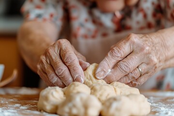 Experienced hands meticulously preparing dough on a wooden surface, reflecting the time-honored tradition of baking, conveying warmth, home, and the love for culinary crafts.
