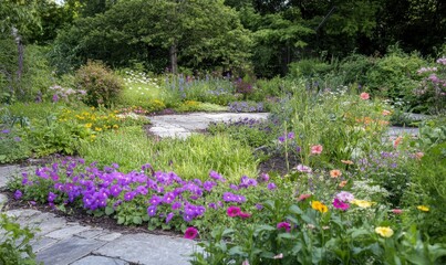 Obraz premium Colorful flowers in lush garden with stone pathways, greenery surrounding.