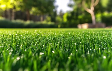 Close-Up View of Fresh, Dewy Green Grass in a Lush Garden Setting with Sunlight and Blurred Background of Trees and Plants