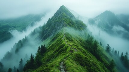 Misty mountain peak with a winding trail.