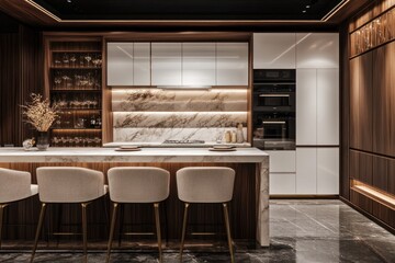 Luxury modern kitchen with marble island and wooden cabinetry.