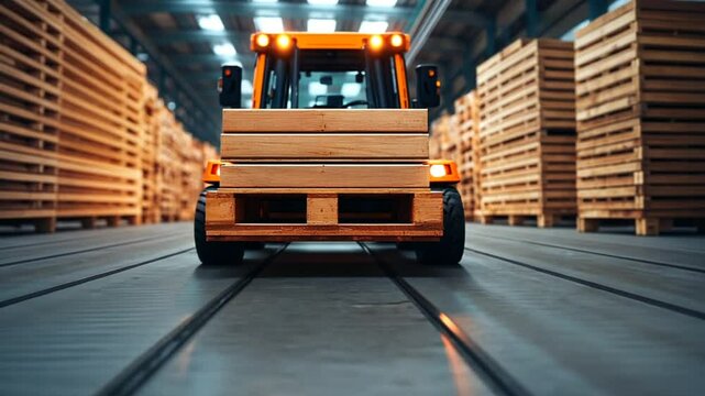 Forklift transporting wooden pallets in a busy warehouse during daylight hours