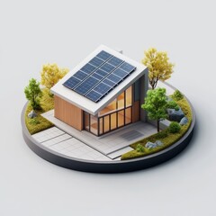 Modern Eco-Friendly Home Design.  A miniature, stylized representation of a contemporary house with solar panels on the roof, situated on a circular platform.  