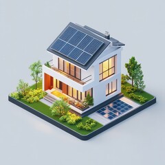 Modern, eco-friendly home design.  Illuminated, two-story house with solar panels.  Landscaped yard and garage
