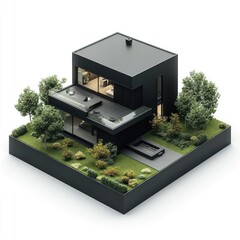 Modern minimalist house design, elevated isometric view. Lush landscaping surrounds a contemporary black structure