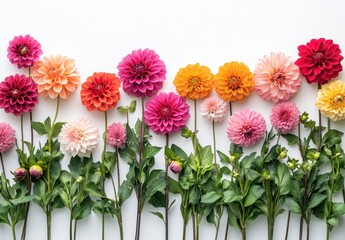 Colorful Arrangement of Fresh Dahlias with Various Shades and Textures Displayed on a Clean White Background for Floral Inspiration