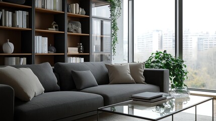 A modern living room with a soft charcoal sofa and a glass coffee table