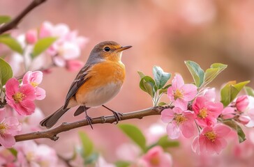 Obraz premium Colorful bird perched on branch amidst blooming pink flowers in springtime garden, showcasing vibrant nature scene with delicate petals and ecological beauty.