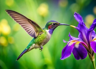 Fototapeta premium Hummingbird and Iris Flower: Vibrant Spring Nature Stock Photo