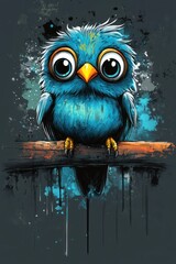 Cute blue bird on branch, expressive eyes