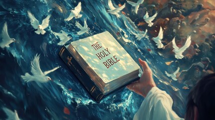 Holy Bible held aloft, surrounded by doves, in a sea of faith