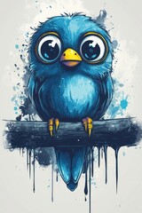 Adorable blue bird perched on a branch, vibrant colors and expressive eyes