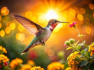 Fototapeta premium Hummingbird Sunset Bloom: Candid Wildlife Photography