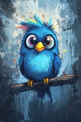 Cute blue bird on a branch, vibrant colors, expressive eyes