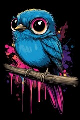 Cute, stylized blue bird with large eyes, vibrant colors, and dripping paint