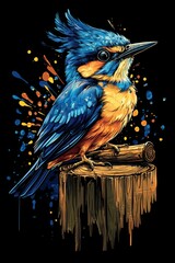 Vibrant kingfisher perched on a stump, detailed artistic illustration