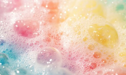 Fototapeta premium Swirl of colorful bubbles in a bathtub. The bubbles are in various colors, including pink, yellow, and blue. Concept of fun and relaxation, as the bubbles create a playful and whimsical atmosphere
