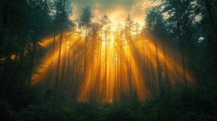 Sunbeams illuminating misty forest at dawn.