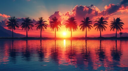 Vibrant sunset over calm ocean with silhouetted palm trees. (2)