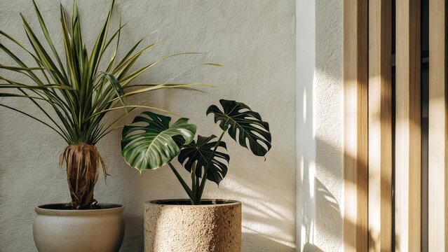 two potted plants enhancing interior decor near a wooden slat screen, with sunlight, creating a serene ambiance. The scene combines nature with modern design