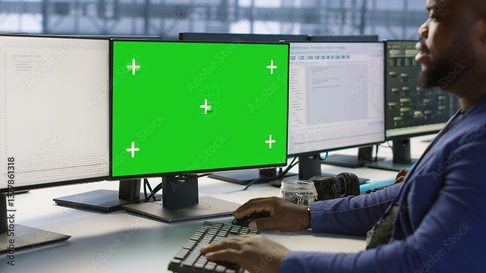 Poster engineer using green screen computer in server room, developing disaster recovery plans ensuring min