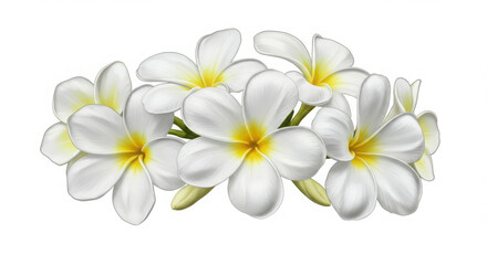 A delicate cluster of white Frangipani flowers with soft, velvety petals and a subtle yellow center, isolated on a pure white background.