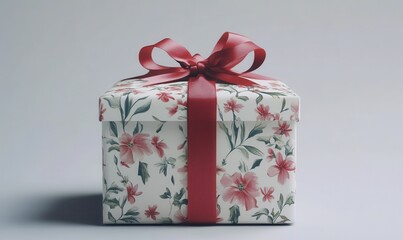 Elegant floral gift box tied with a delicate red ribbon, perfect for holiday or special occasion gifting.