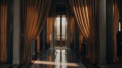 Obraz premium an elegant hall with golden curtains and a bright window at the end, creating a sense of luxury and anticipation. The architecture is classical, and the atmosphere is inviting