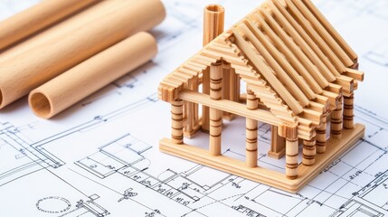 Explore a detailed house construction blueprint with a wooden model showcasing architectural designs and plans.