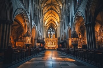 Obraz premium Majestic cathedral interior, golden light illuminating nave and altar.