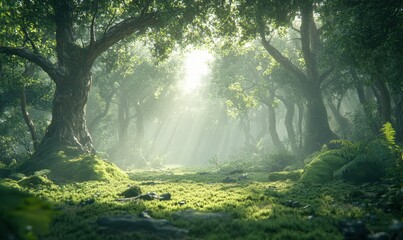 Obraz premium Morning fog rolling through a dense forest, with sunlight streaming through the trees and soft moss covering the ground, creating a magical woodland scene.