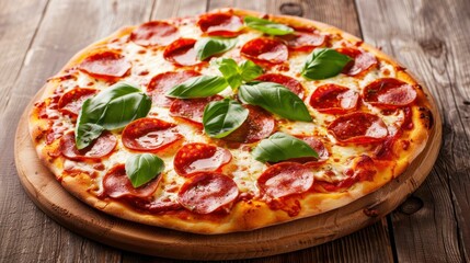 Savor the rich flavors of pepperoni pizza topped with fresh basil and melted mozzarella, a true Italian delight.