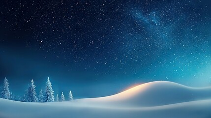   A snowy landscape painting under a starry night sky with a distant bright light
