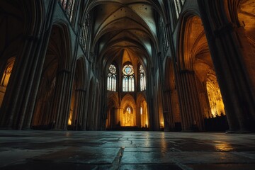 Fototapeta premium Majestic cathedral interior, gothic architecture, stained glass windows, stone floor.
