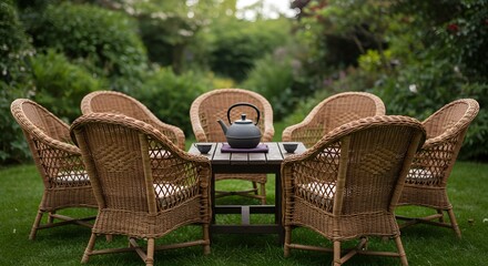 Serene garden tea party setting with wicker chairs and teapot cups calm cozy home green grass brown
