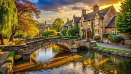 Idyllic Cotswold Village: Bourton-on-Water's Picturesque River and Stone Bridges - High-Resolution Stock Photo
