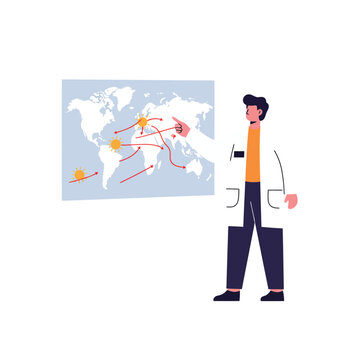 recommend clip art: Scientist presenting global data on a map in flat vector illustration