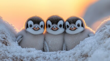 Three adorable baby penguins in a snowy nest at sunrise