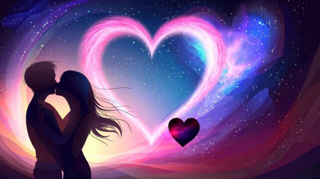 Romantic couple in cosmic setting.