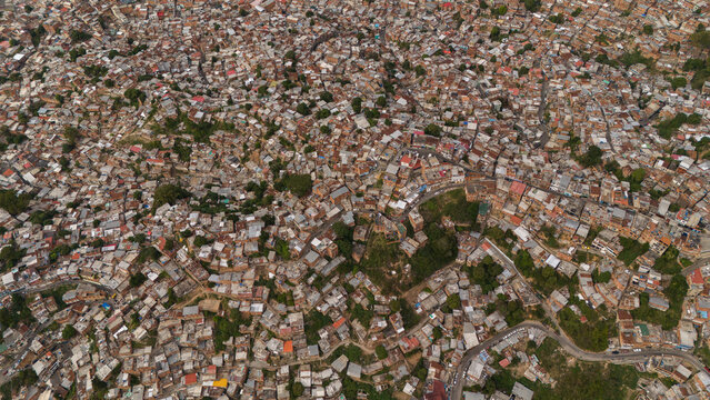 Aerial view of the Petare, in Caracas, Venezuela, surrounded of some the houses in the slum.