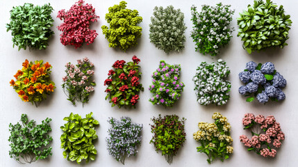 Vibrant assortment of various plants showcasing diverse colors and textures arranged neatly on a light surface