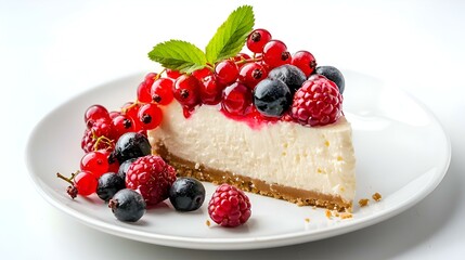 Delicious cheesecake slice with berries on white