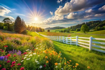 Idyllic White Picket Fence Landscape Photography: Charming Countryside Scene