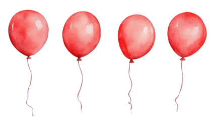 four red watercolor balloons each floating gently with thin strings creating a cheerful and festive atmosphere perfect for celebrations or artistic designs